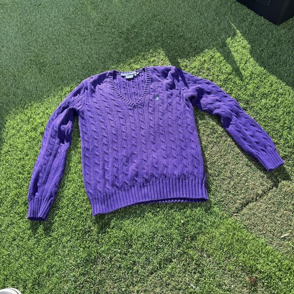 Ralph Lauren Sport Sweater Womens Large Purple Cable Knit V Neck Pullover Cotton - Picture 7 of 8